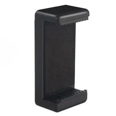 Black plastic rotating clamp phone holder on a desk, showing compact size and adjustable angle.