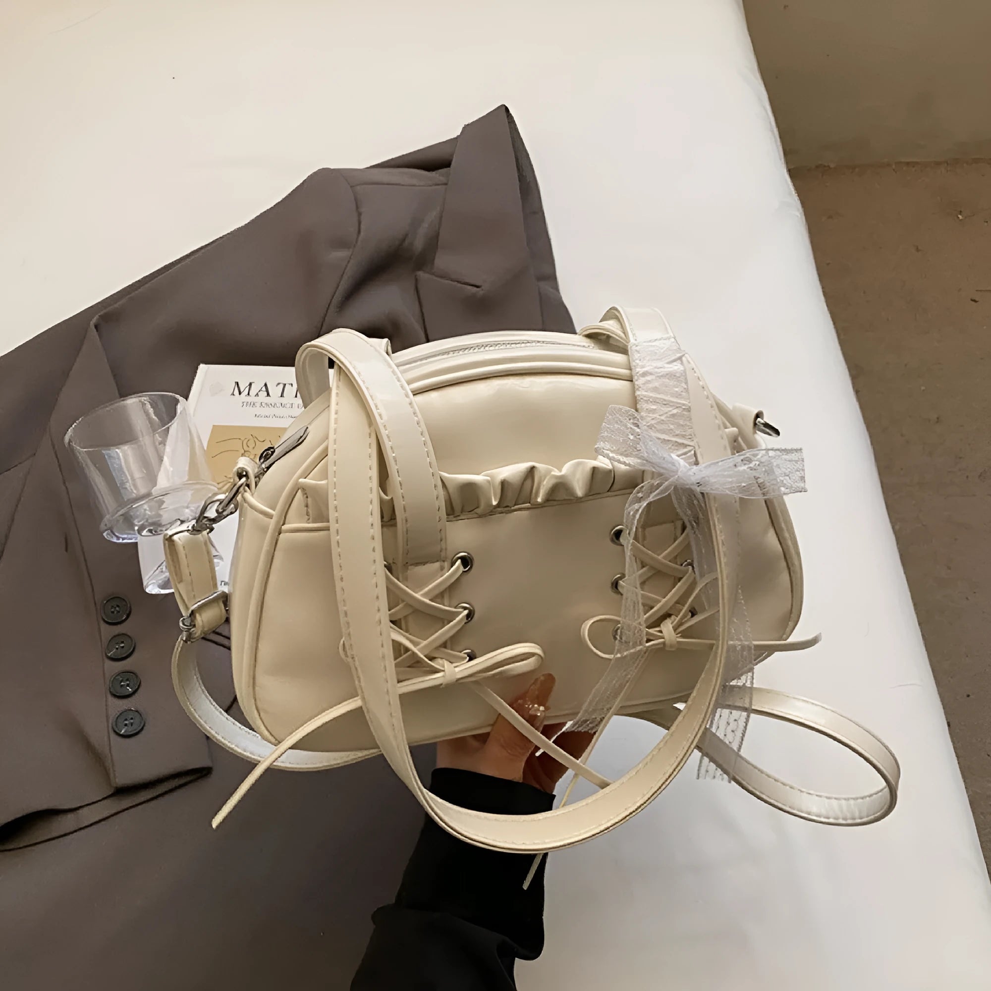 Milky white PU leather ladies shoulder bag with bandage bow and crossbody strap
