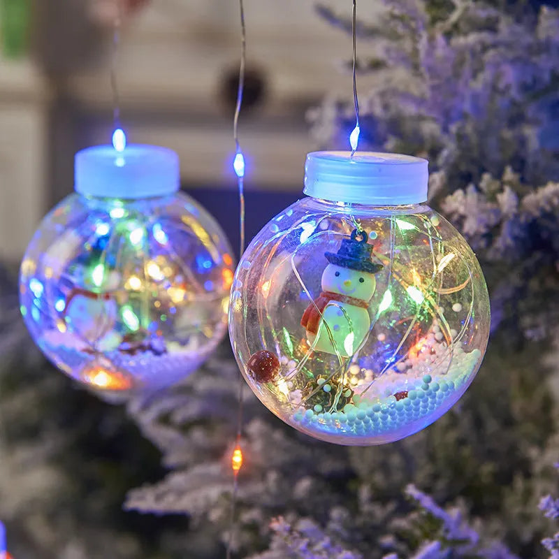 Christmas curtain light string with ten LED wishing ball lamps showing snowman, Christmas tree and elder designs