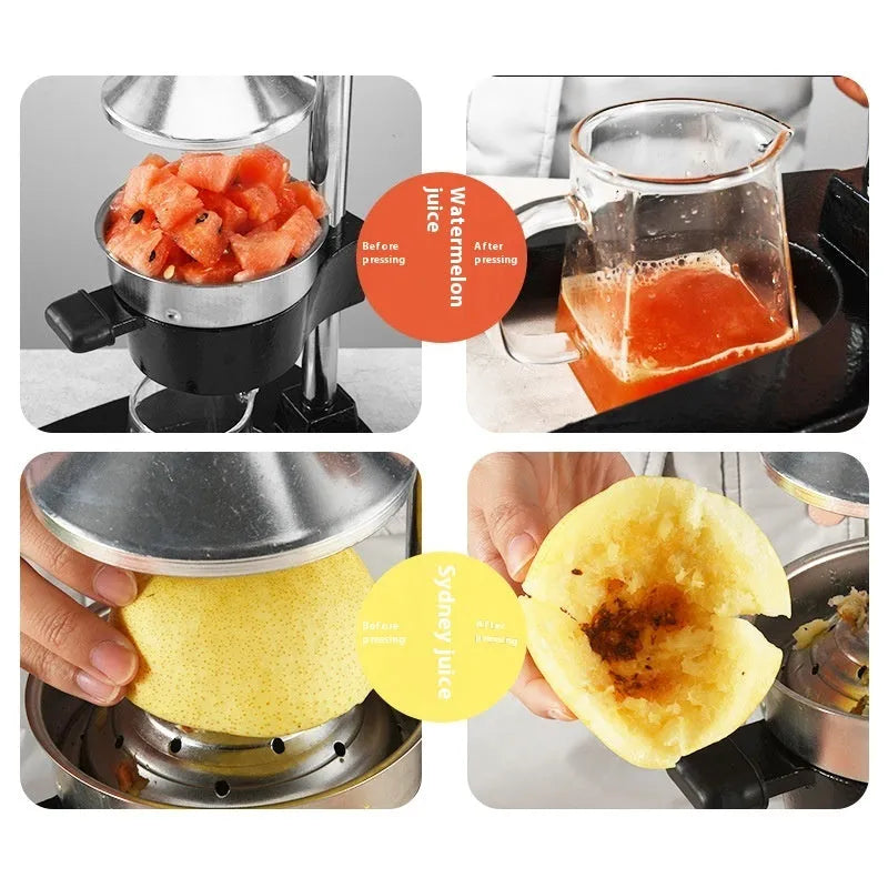 Manual citrus juicer with cast iron base and stainless steel strainer in black or white finish