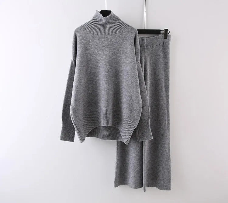 Women's casual acrylic sweater and wide leg trousers two-piece set in solid colour