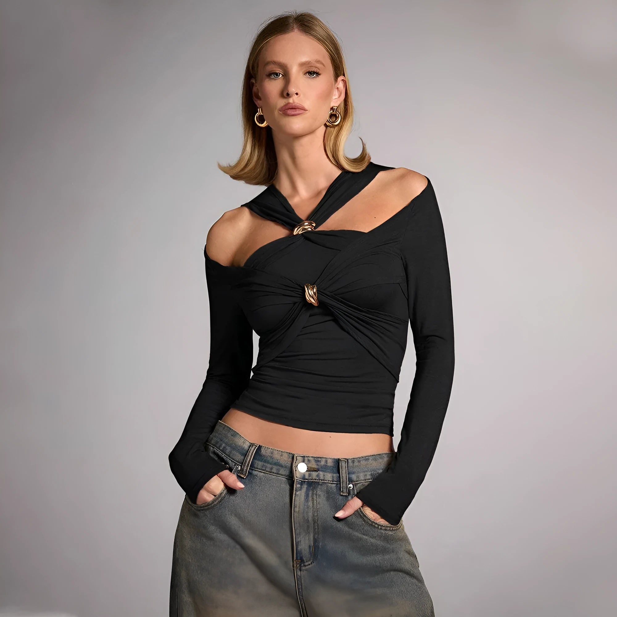 Black women's halter top with long sleeves and slim fit, showing shoulder-baring design