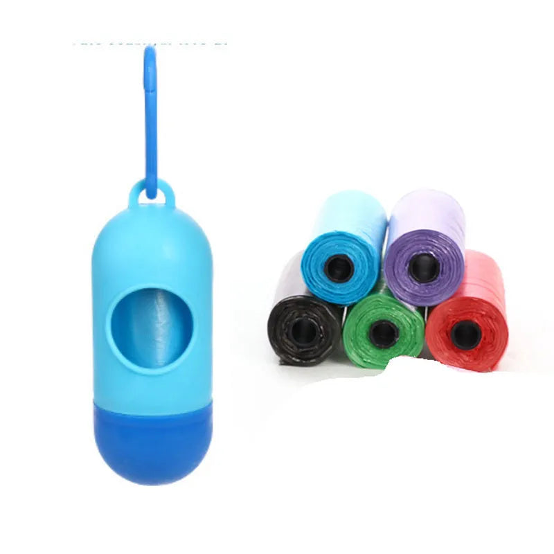 Roll of coloured disposable pet waste bags showing black, blue, green, light blue, pink, and purple options.