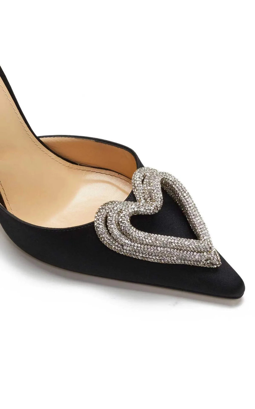 Women's pink satin sandal with rhinestone heart decoration, pointed toe, and cross-belt strap.