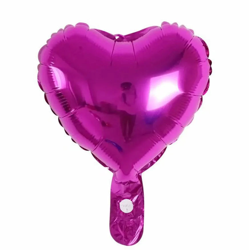 Five peach heart-shaped aluminium balloons in sparkling metallic colours: red, blue, rose, and silver.