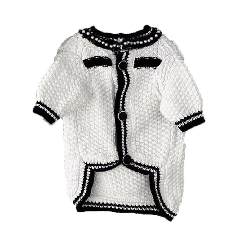 Korean style puppy sweater with pearl collar for small dogs, available in black and white
