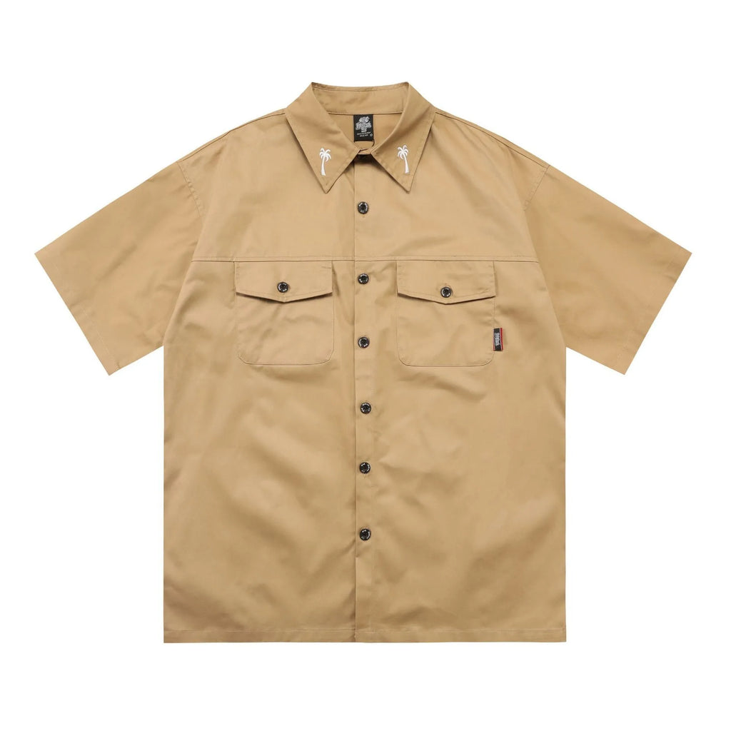Men's black cotton blend shirt with embroidery detail on front, loose fit with short sleeves