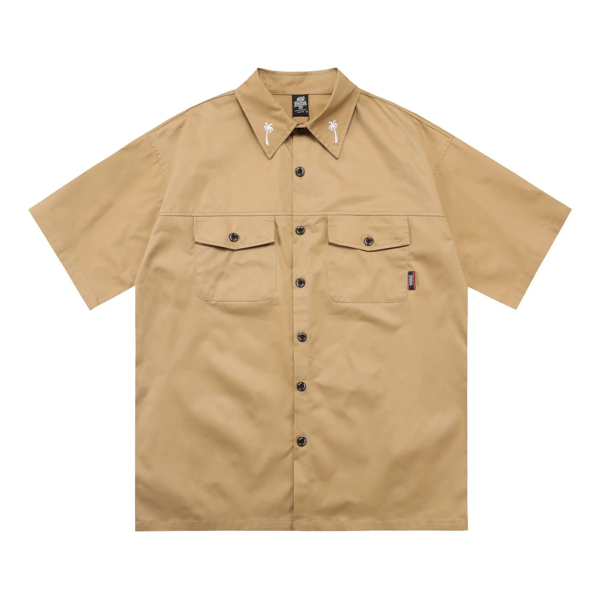 Men's black cotton blend shirt with embroidery detail on front, loose fit with short sleeves