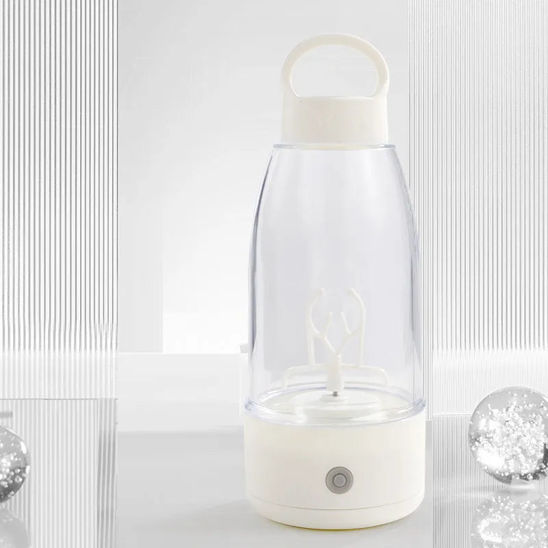 Green automatic electric shaker bottle with USB port, handle, and 380ml capacity.