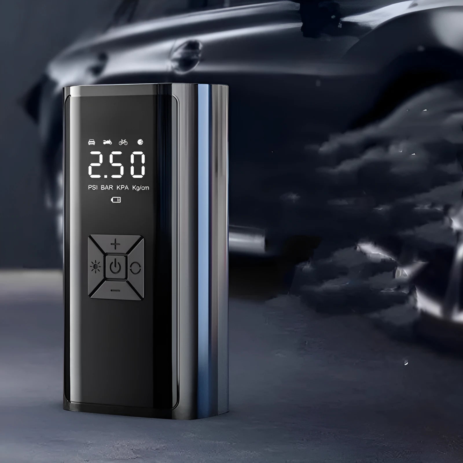 Portable wireless digital display car tire pump with power bank functionality and recoil hose
