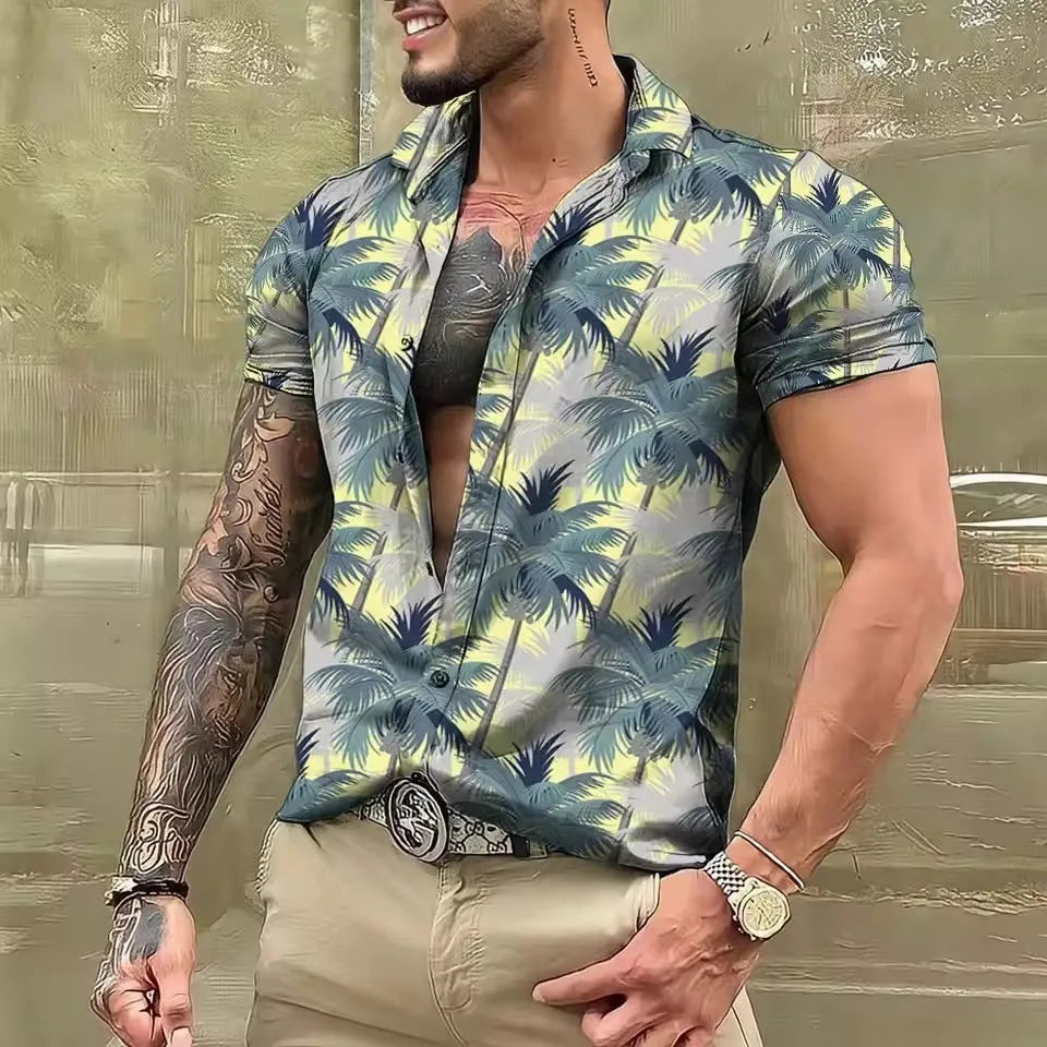Men's loose-fit floral print short sleeve beach shirt in a colour from the available range.
