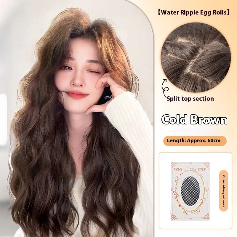 Full-head long curly synthetic wig with side bangs in cold brown colour.