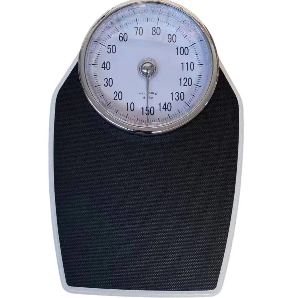 Black mechanical pointer body weight scale with large dial display measuring 47x35x11cm