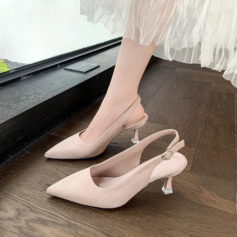 Women's apricot suede pointed-toe stiletto high heel shoe with a rubber sole