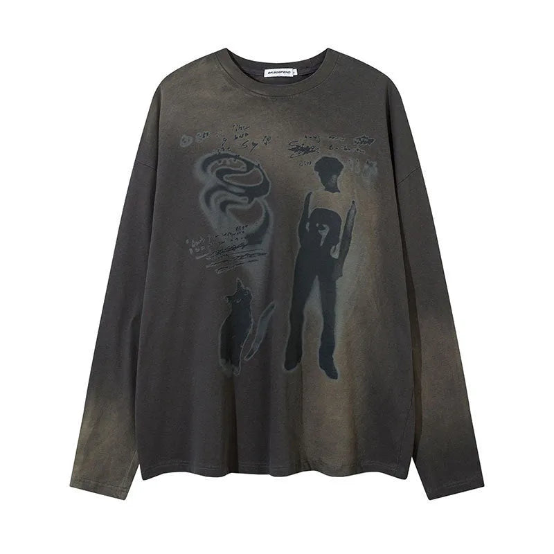 A woman's loose-fit cotton pullover top with long drop-shoulder sleeves, shown in dark grey.