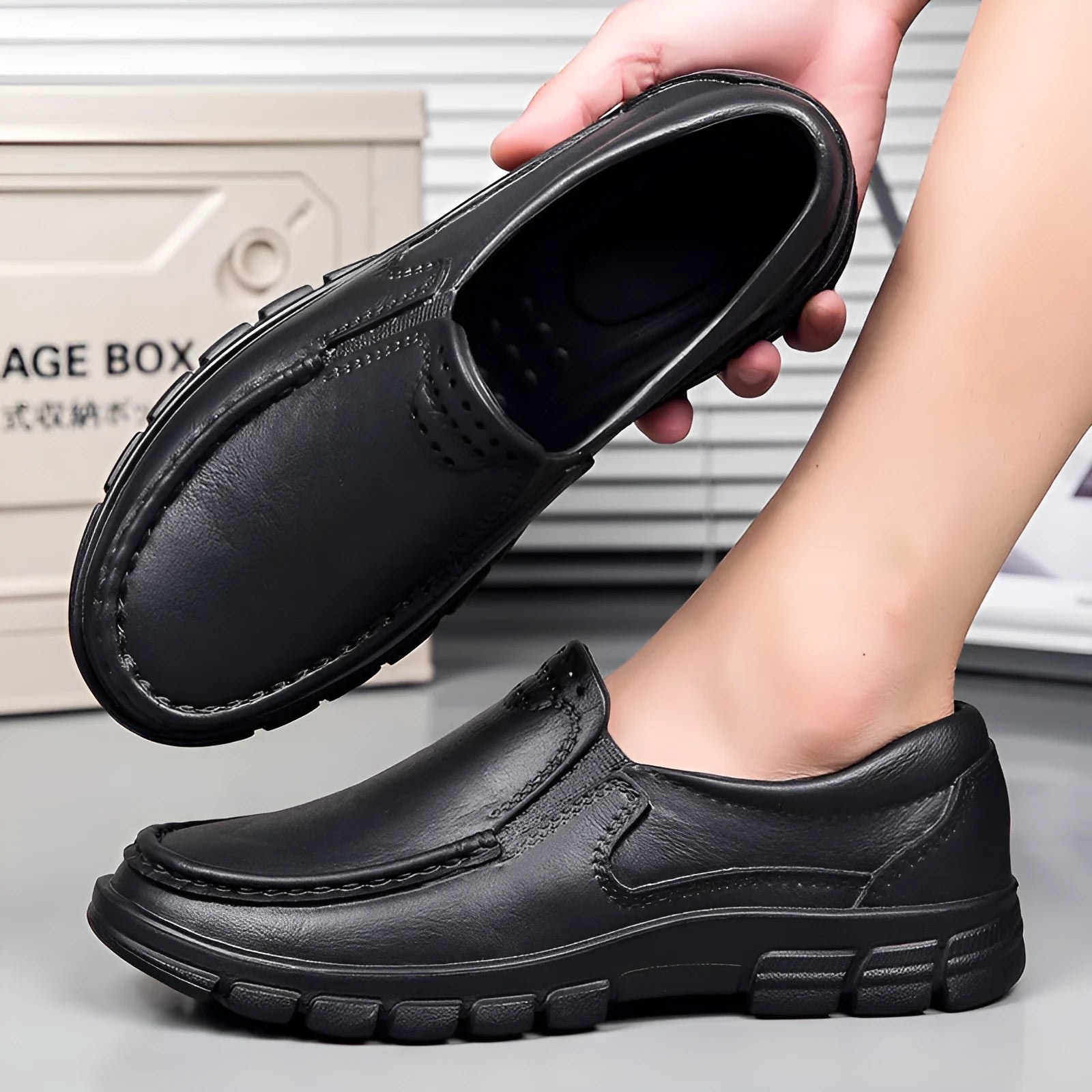 Men's black slip-on platform shoes with an artificial leather upper and a thick EVA sole.