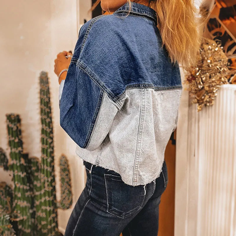 Women's loose-fit denim coat with single row multi-buckle fastening in cotton fabric