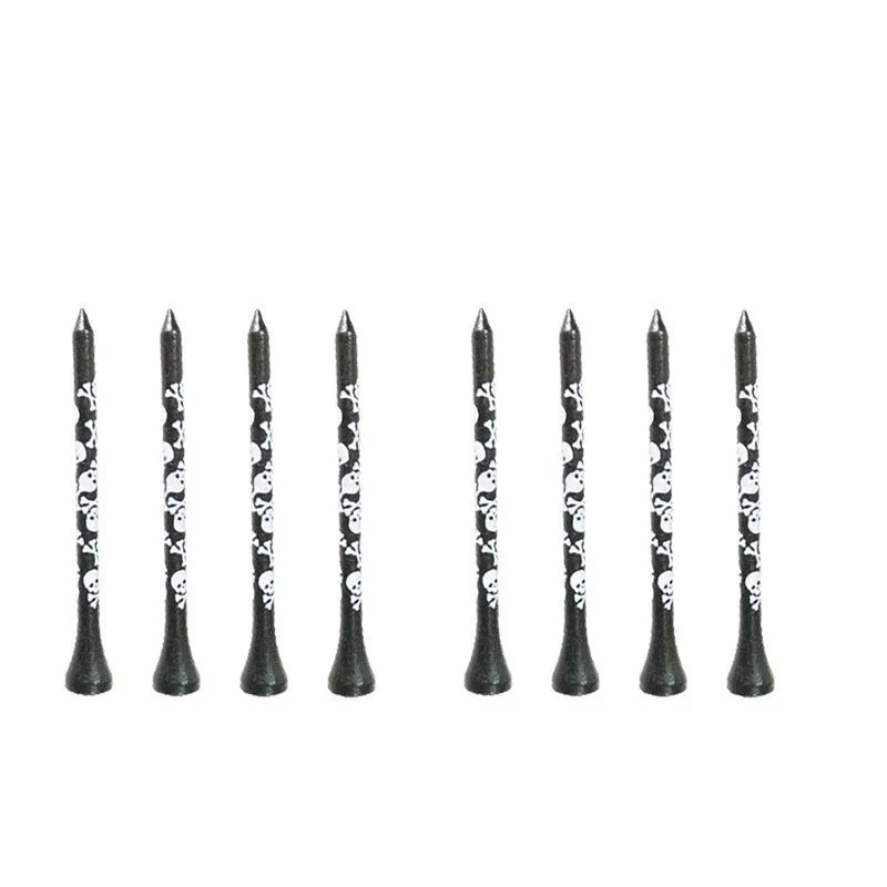 Pack of ten black bamboo golf spike dowel pins with skull print, showing 70mm and 83mm length options