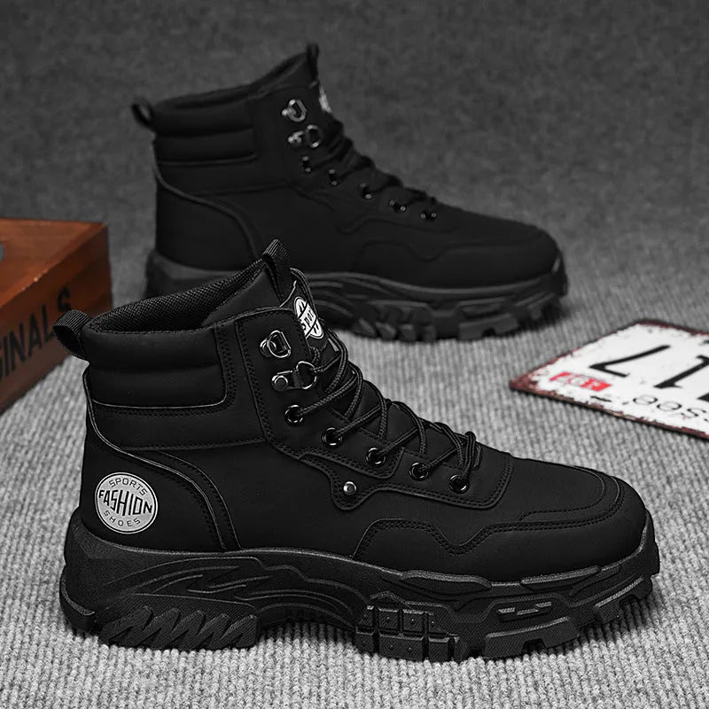 Men's black and yellow Martin boots with artificial PU upper and injection moulded soles