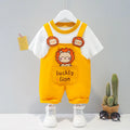 Yellow cartoon print cotton baby overalls with short sleeves and adjustable shoulder straps on a hanger.
