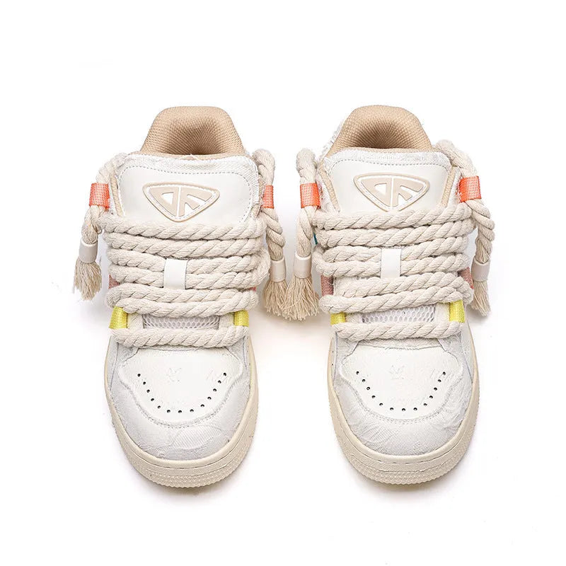 Creamy white retro skateboard shoes with lace-up design and platform sole