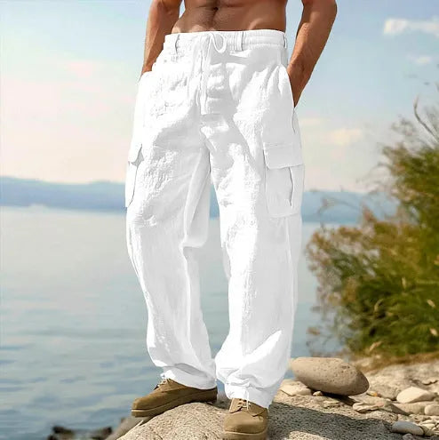 Men's cotton wide-leg casual trousers in light army green colour showing relaxed fit and mid-waist design
