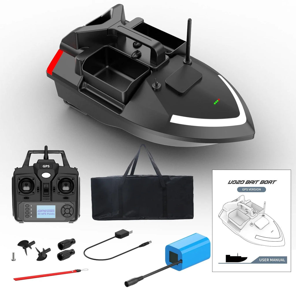 GPS remote control fishing boat in luminous yellow with remote control unit and carrying bag