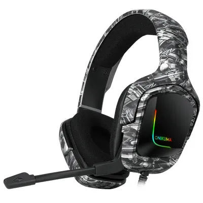 K20 RGB luminous wired gaming headset in black with cloth earmuffs and a braided cable