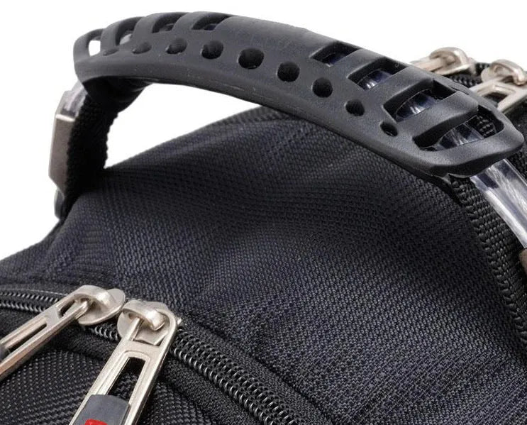 Black business laptop backpack showing three compartments, suitable for a 15 inch notebook.