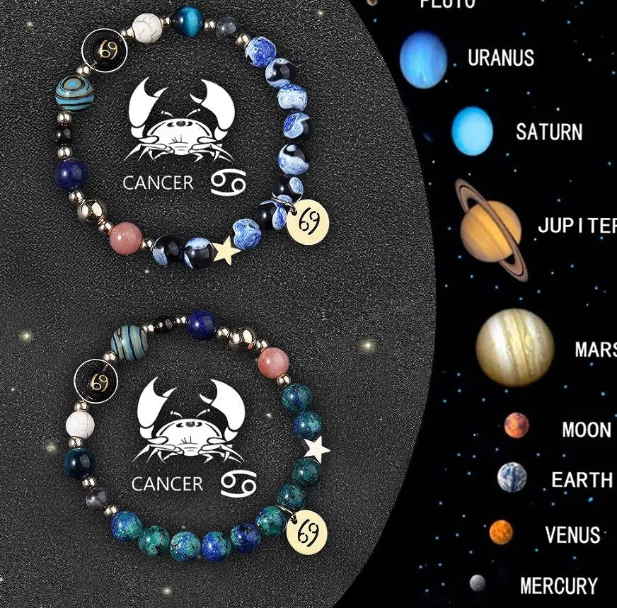 Two natural stone beaded bracelets displaying zodiac symbols on a textured background.