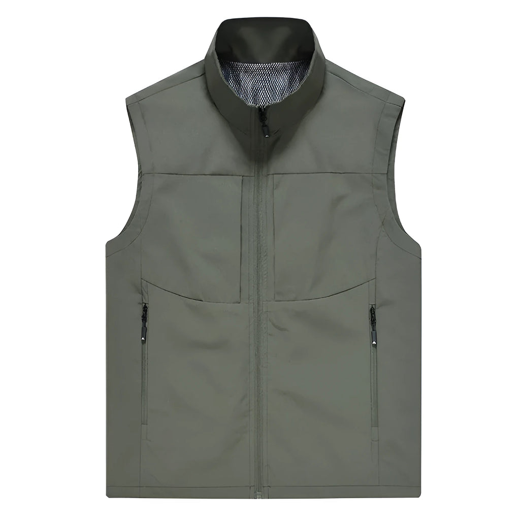 Men's casual outdoor cardigan vest with stand collar and zipper pockets in polyester fibre