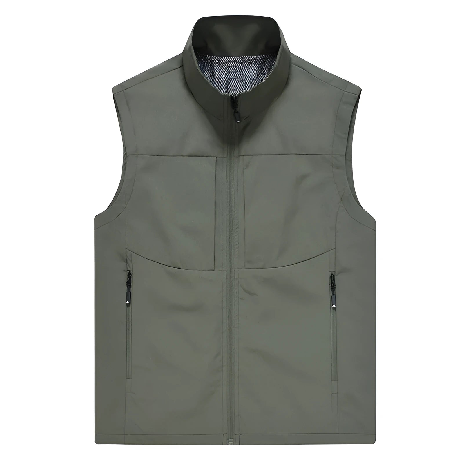 Men's casual outdoor cardigan vest with stand collar and zipper pockets in polyester fibre