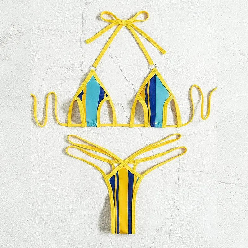 Yellow women's split swimsuit with neck-hanging style and hollow backless design
