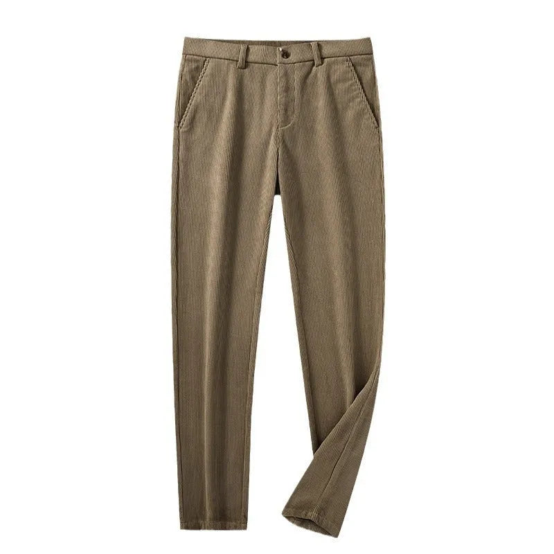 Men's straight-leg striped trousers in khaki colour shown laid flat, featuring a zip fly and no belt loops.