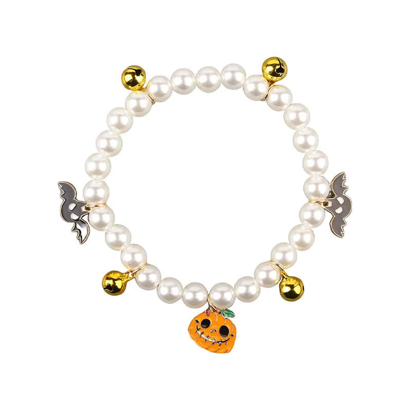 Halloween pet collar with simulated pearl necklace decoration in pumpkin designs