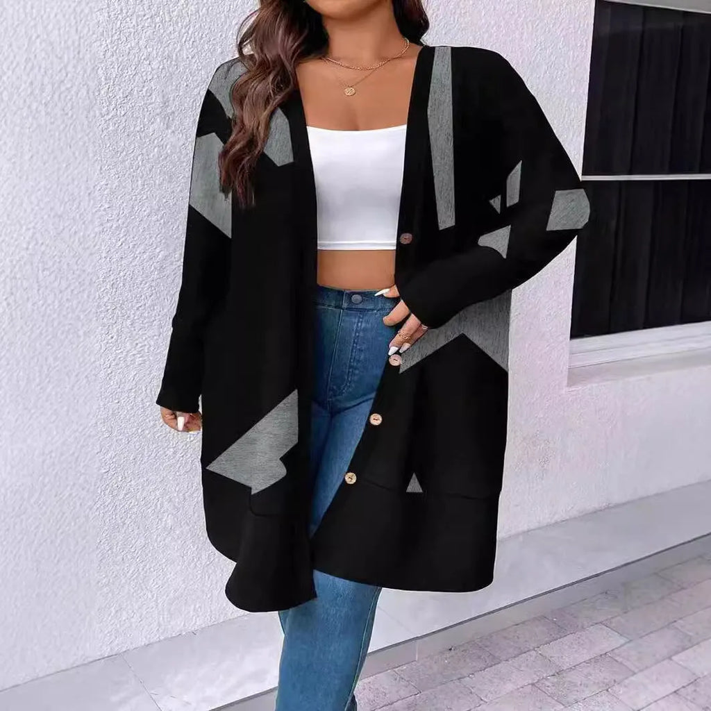 Black plus size casual cardigan with button detailing and stitching print in loose Japanese Korean style