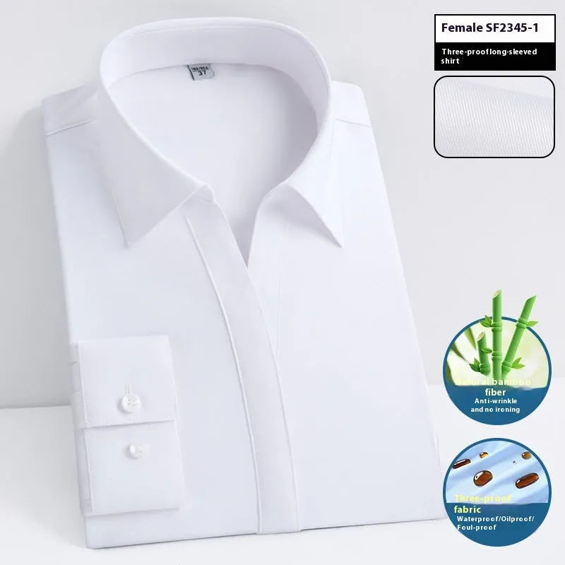 Men's slim fit waterproof bamboo fibre dress shirt with square collar and long sleeves.