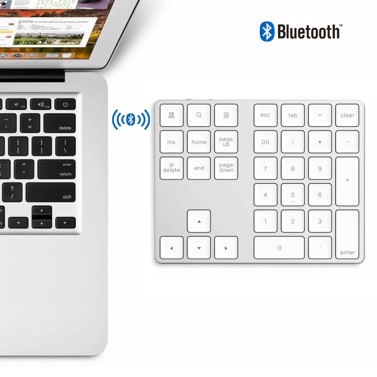 Aluminium alloy wireless numeric keypad with 34 Bluetooth 3.0 keys in black