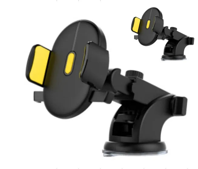 Yellow car phone holder with telescopic arm and suction cup mount on textured dashboard