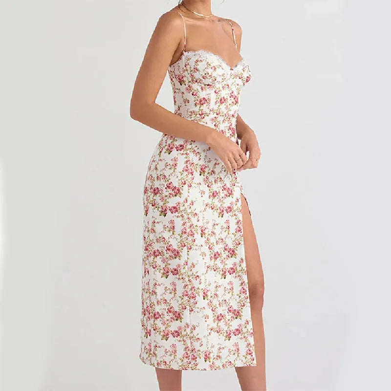 Women's long blue dress with lace flowers print, side slit, and thin spaghetti straps