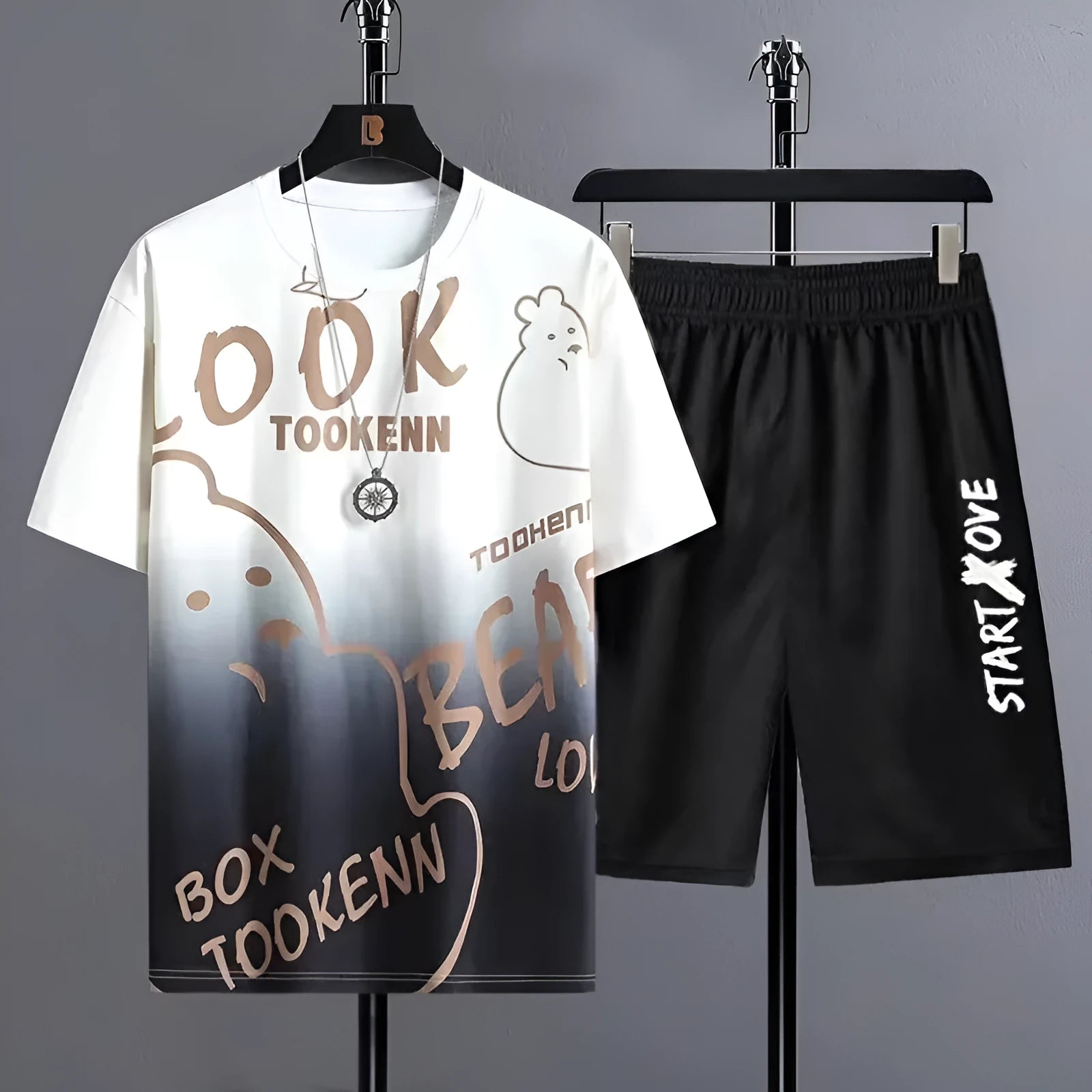 Men's light grey summer suit set with short sleeve T-shirt top and matching shorts on hanger