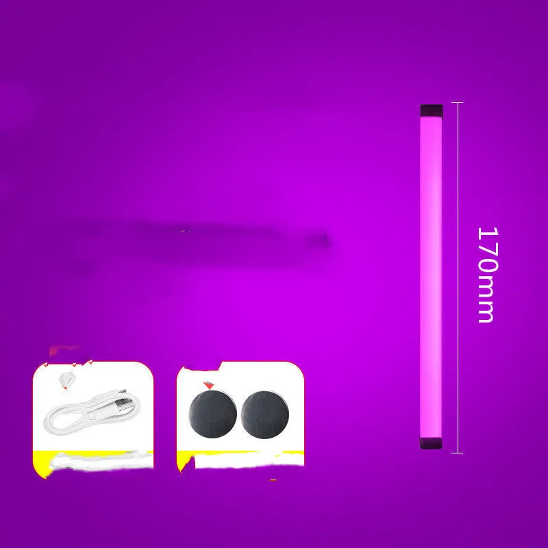 Blue and purple rechargeable LED tube light stick with dimmable RGB settings for photography and room ambience.