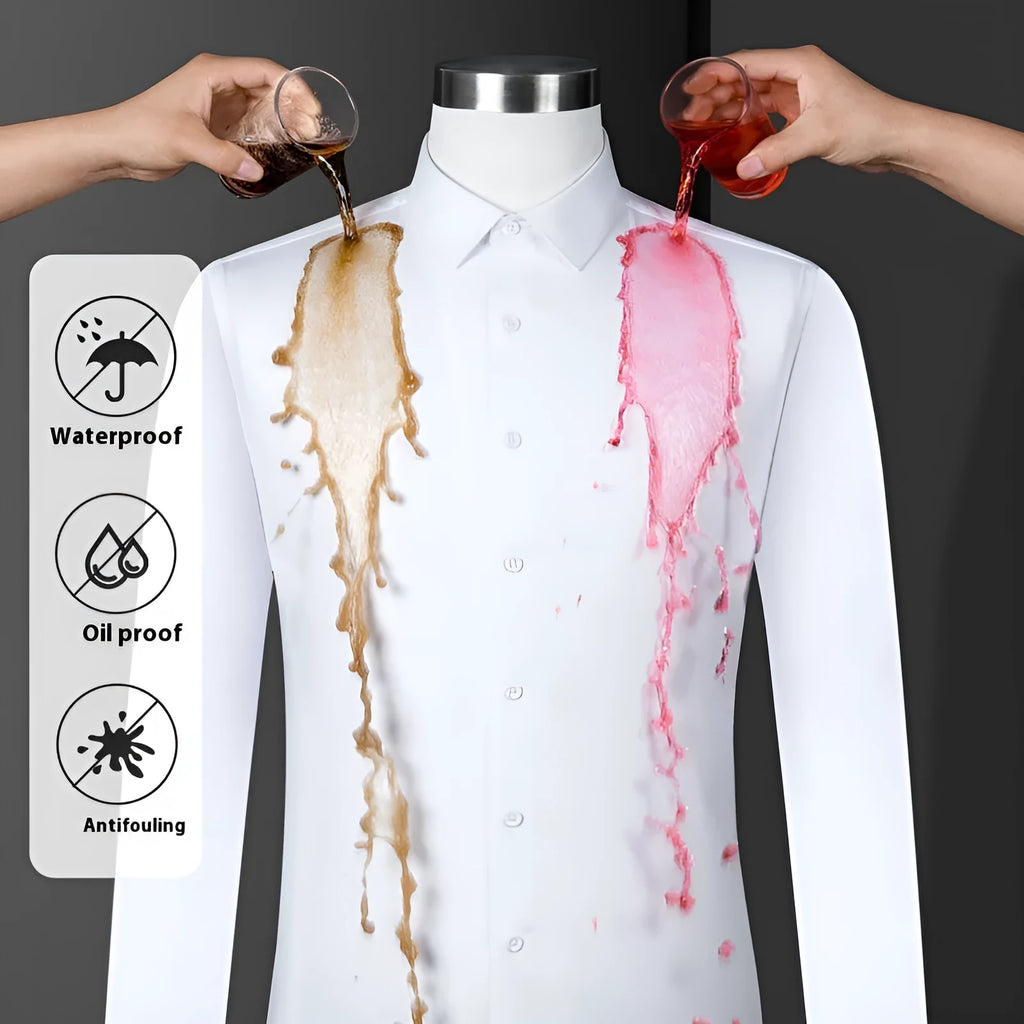 Men's slim fit waterproof bamboo fibre dress shirt with square collar and long sleeves.