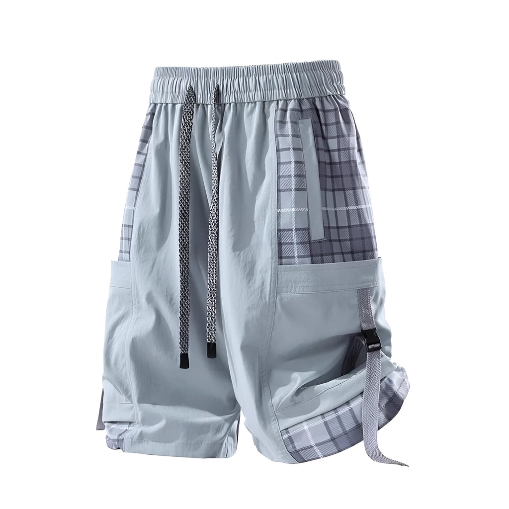 Men's loose fit cargo shorts with plaid stitching detail in black, light grey, and smoky grey colour options