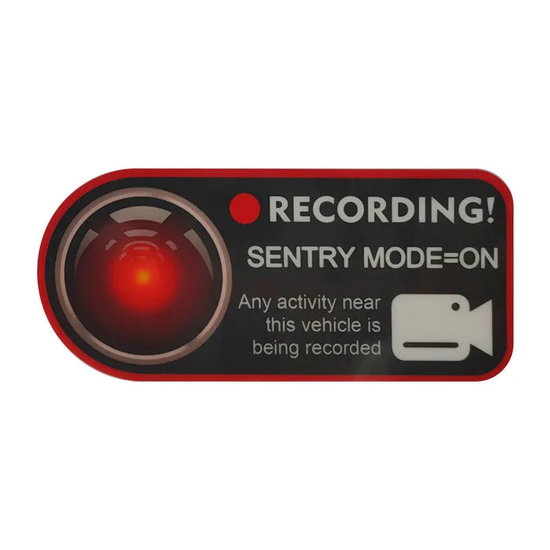Pair of white rectangular electrostatic warning stickers for Tesla Sentry Mode, measuring 11cm by 5cm.