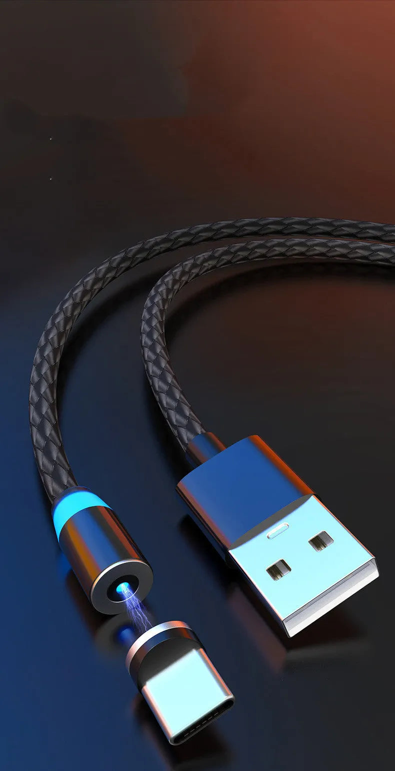 Magnetic charging cable with breathing light showing USB plug and interchangeable Lightning, Micro USB, and Type-C magnetic heads.