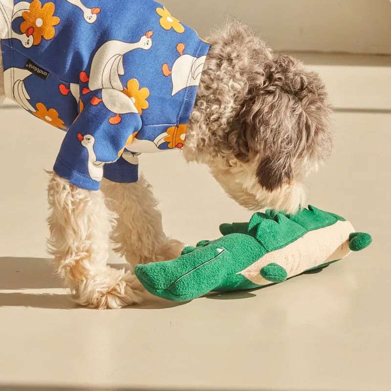 Green plush toy dog interactive pet toy measuring 35cm by 18cm