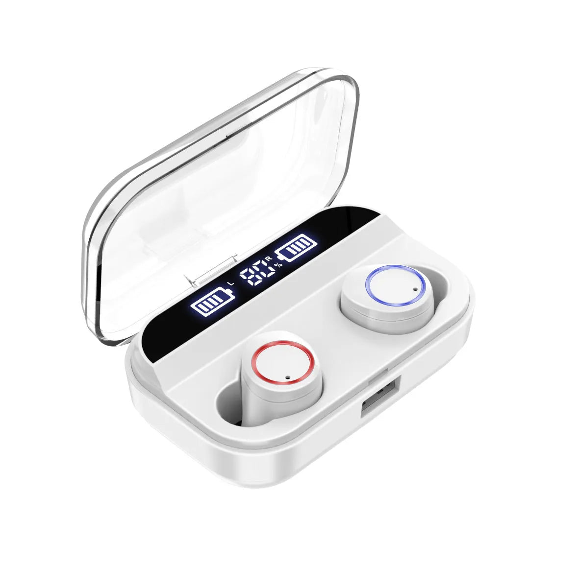 X11 black Bluetooth wireless earbuds with charging case showing touch controls and silicone ear sleeves