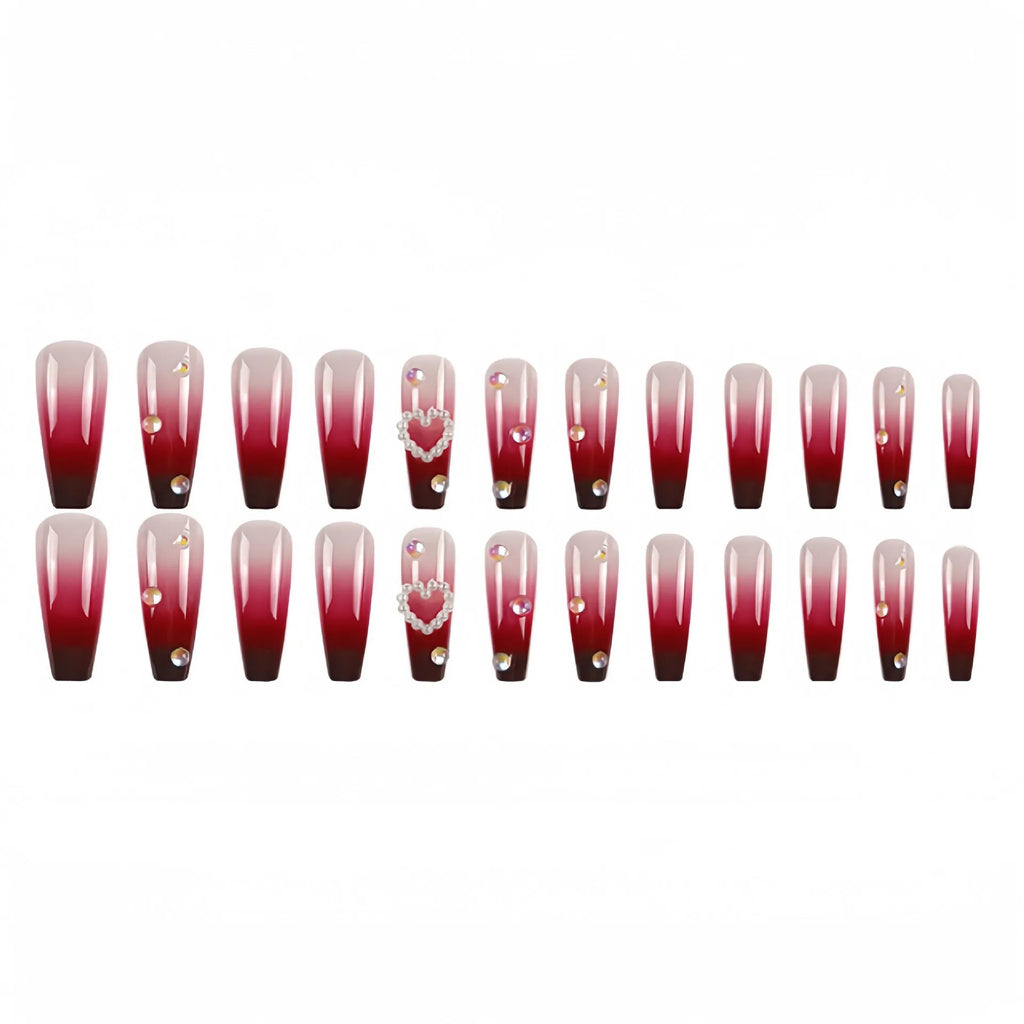 Wine red gradient plaid false nail tips with long ballet style and jelly glue system