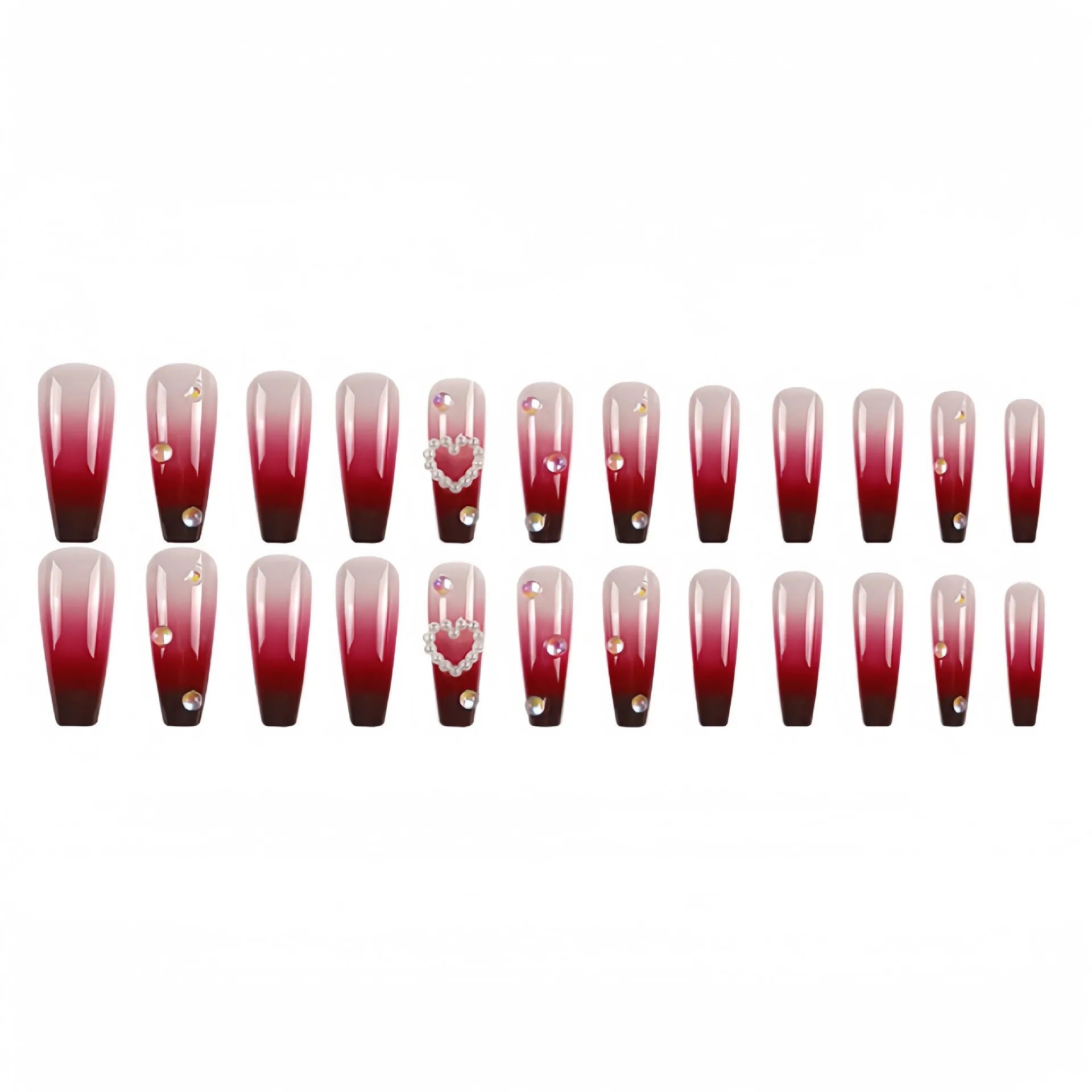 Wine red gradient plaid false nail tips with long ballet style and jelly glue system